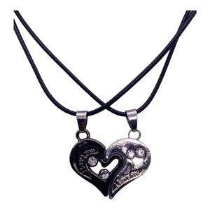 His Her Lovers Husband Wife Couples Heart BLACK & SILVER Necklaces Set